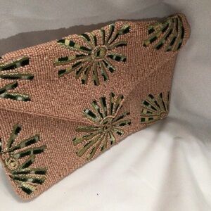 Beaded Pink and Green Floral Clutch Bag